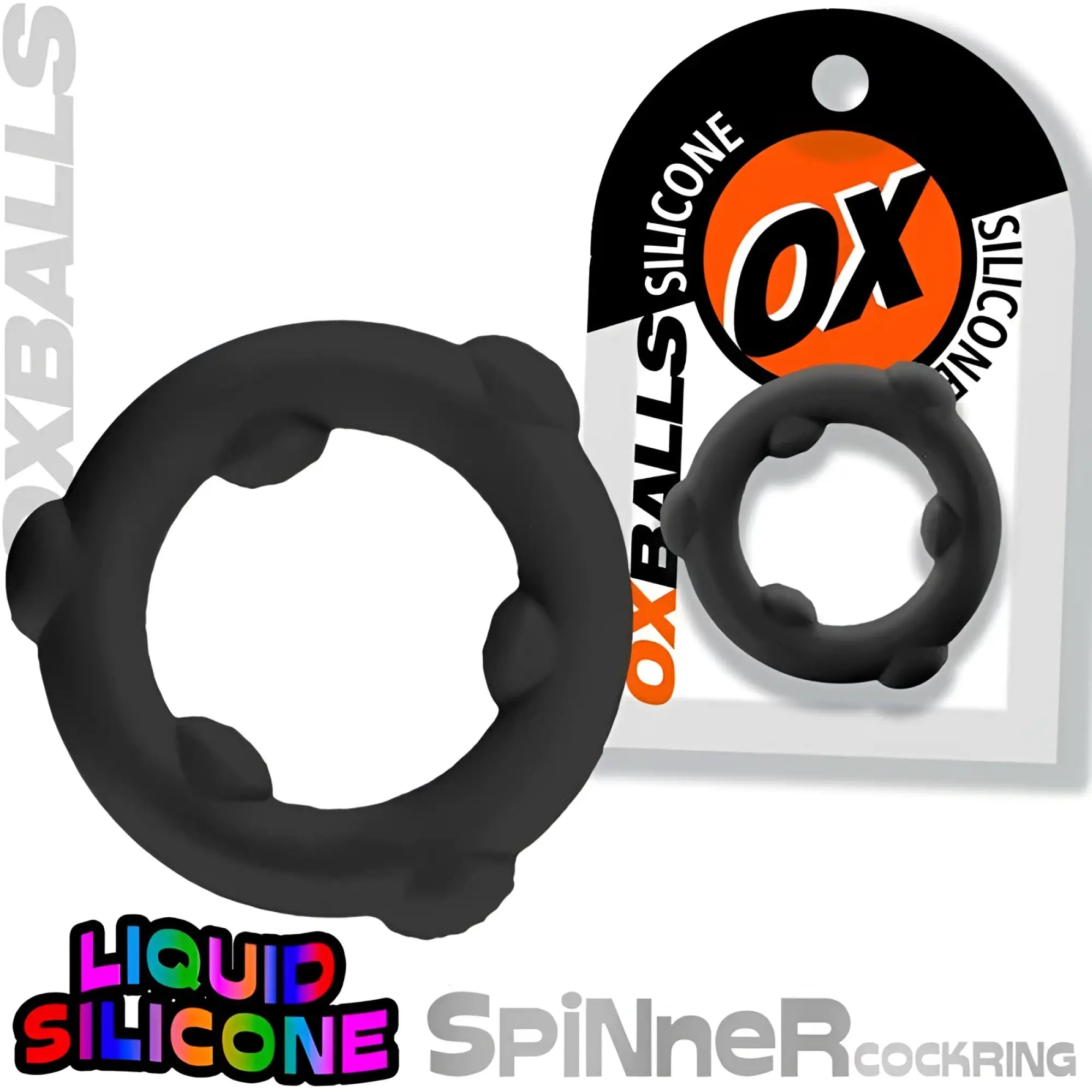 Black oxballs spinner silicone cockring with textured bumpy surface and central opening for enhanced sensation