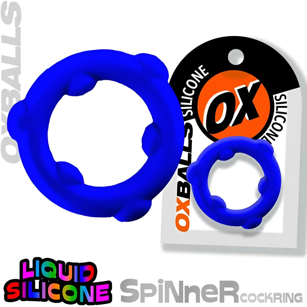 Blue silicone spinner cockring by OxBalls with textured rounded protrusions and circular design for enhanced stimulation