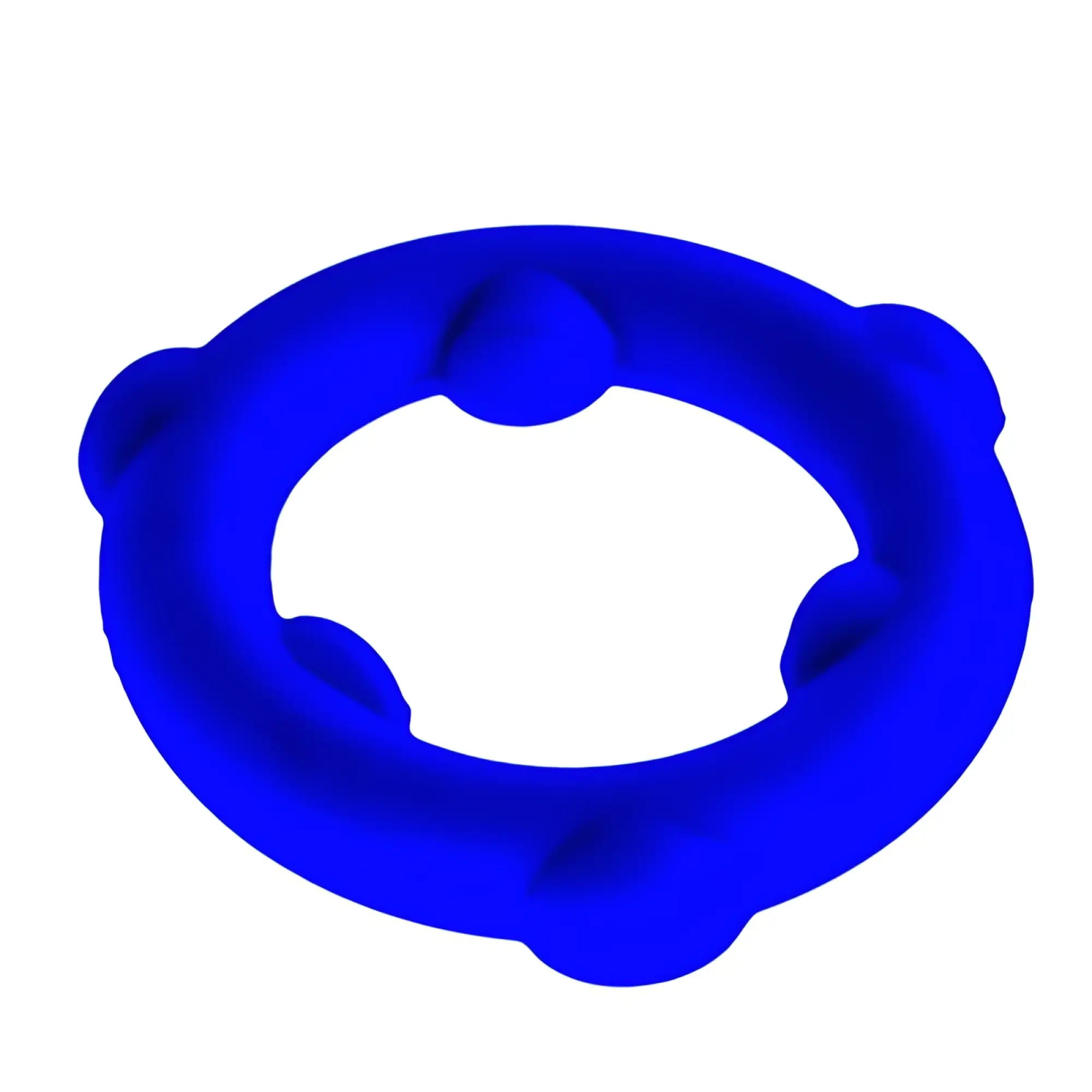 Vibrant blue oxballs spinner silicone ring with rounded textured edges and central cutout for enhanced comfort