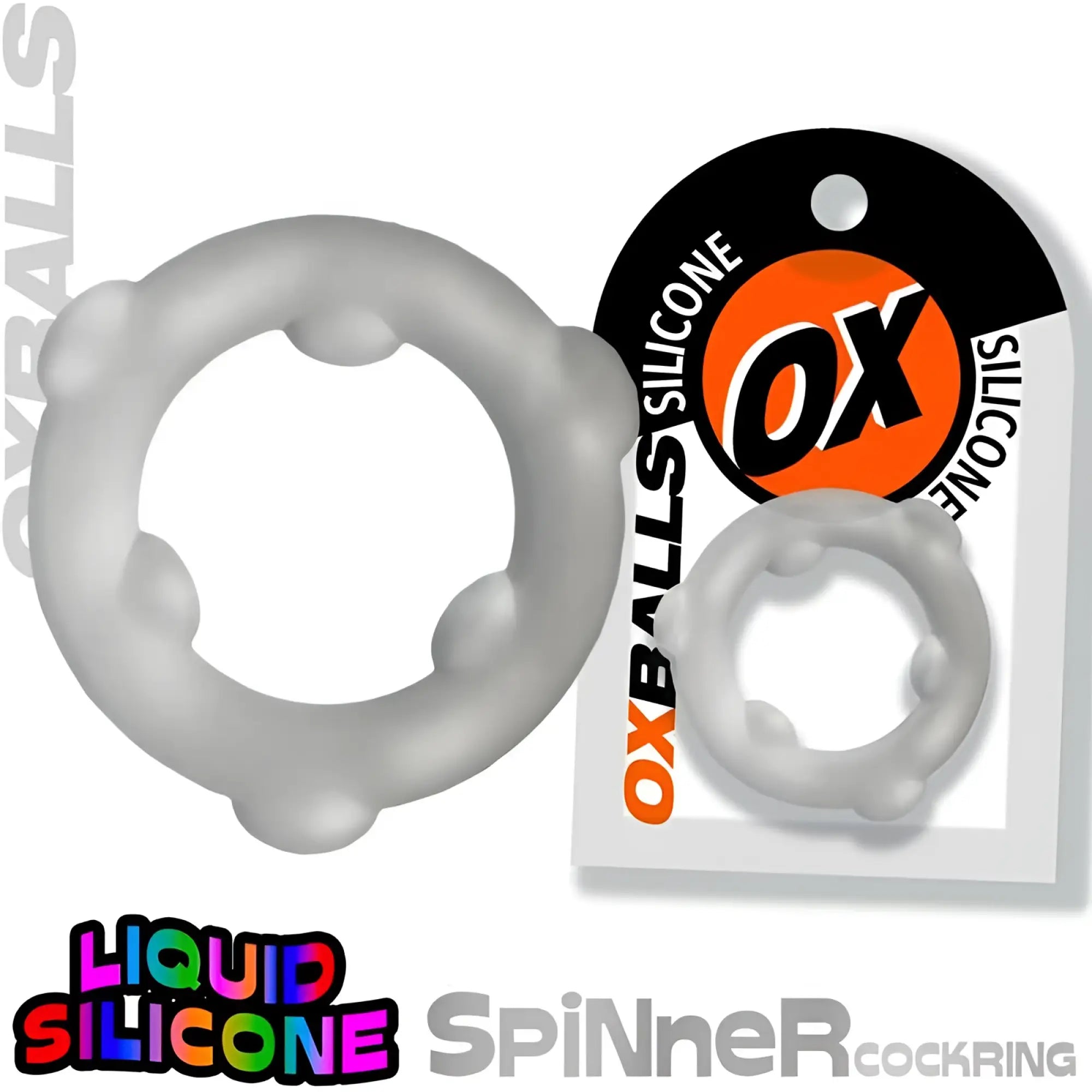 Gray oxballs spinner silicone cockring with rounded bumpy texture and central hole made of clear silicone