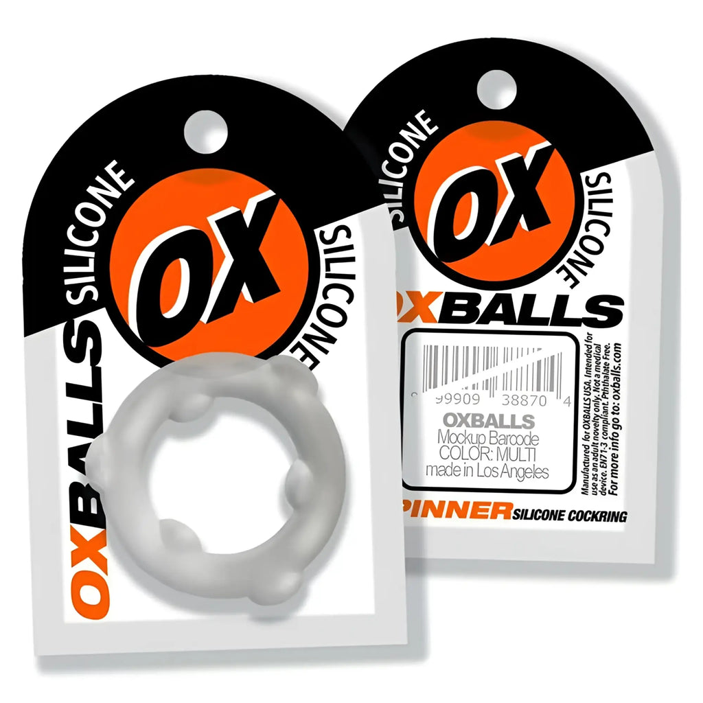 Gray silicone oxballs spinner cockring with textured segmented design for enhanced stimulation and comfort