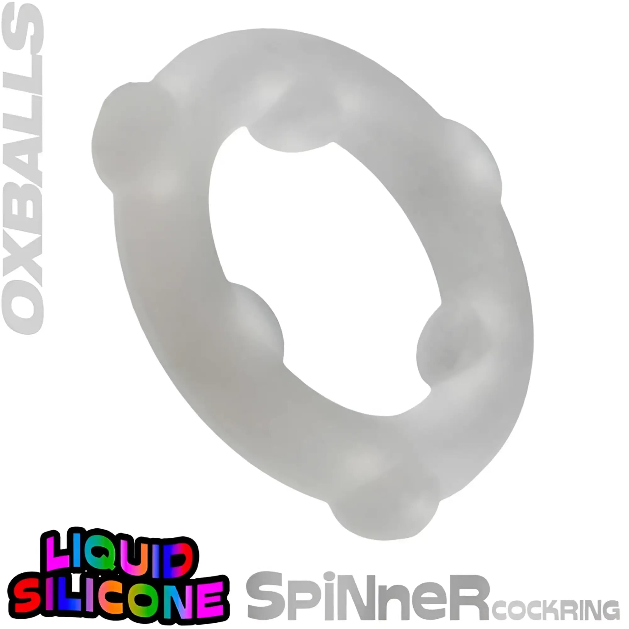 Transparent silicone cockring with rounded bulbous protrusions along its circumference oxballs spinner silicone ring clear