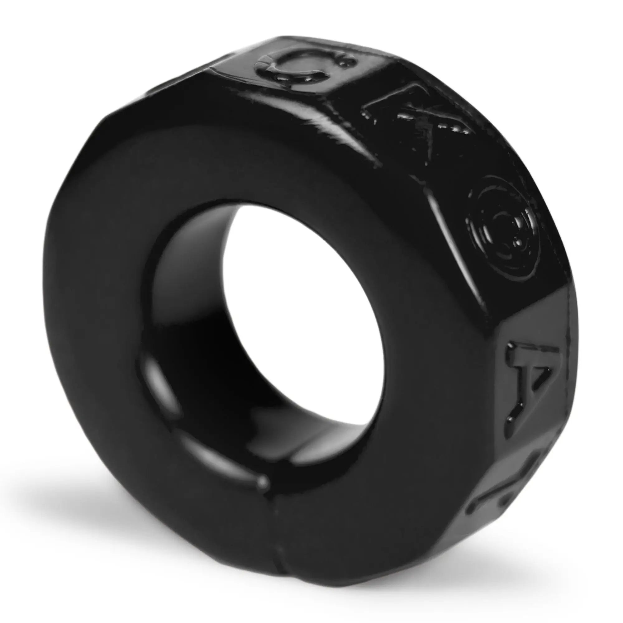 Black glossy silicone oxballs sprocket cockring with embossed lettering and circular design for keyring use