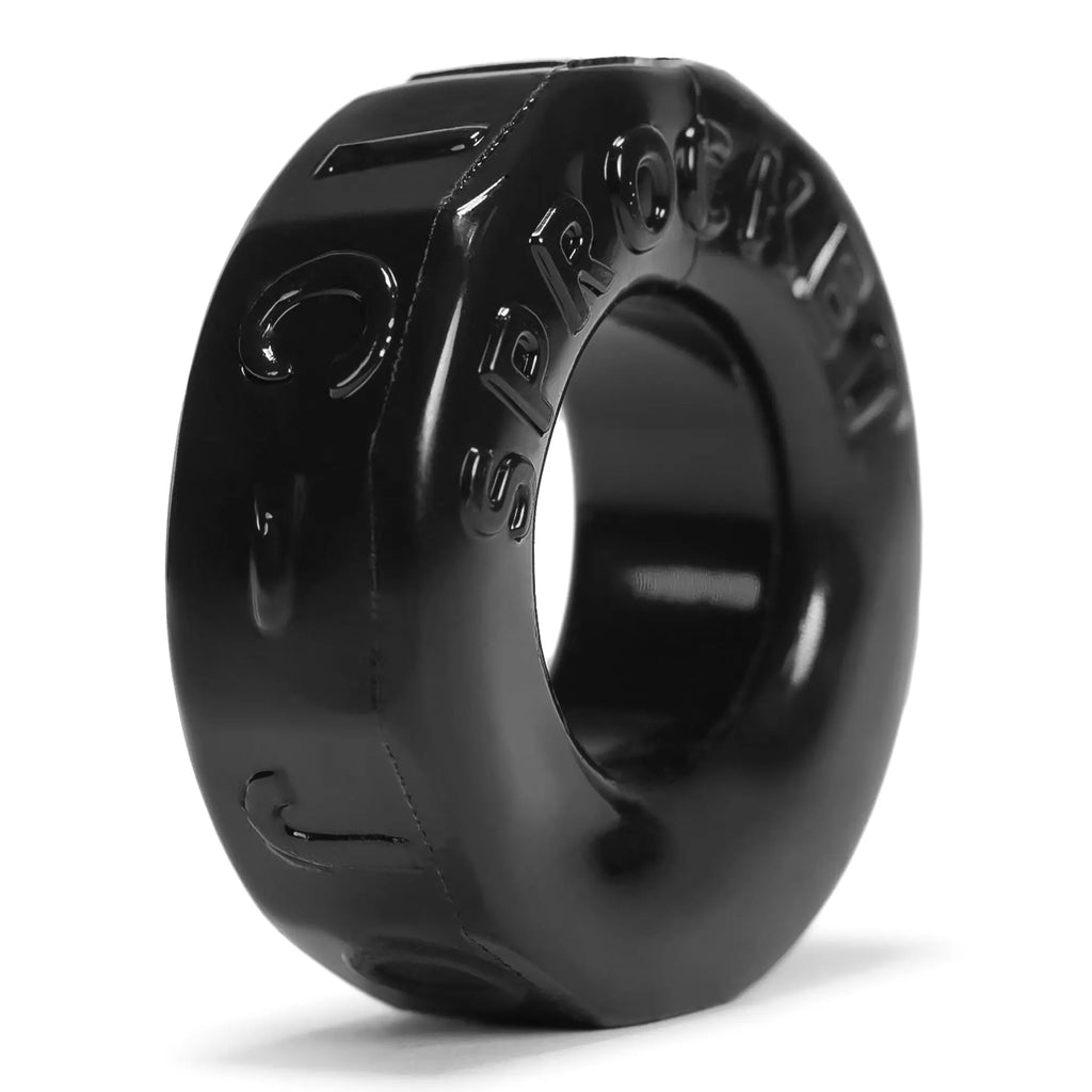 Black glossy silicone oxballs sprocket cockring with embossed sbr branding for durable comfortable wear