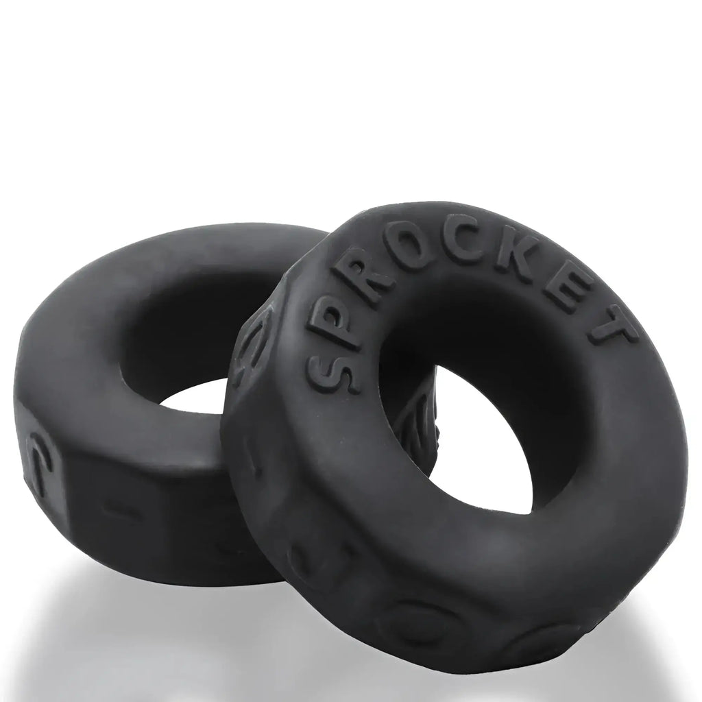 Black OxBalls Sprocket comfort no-roll cock ring made of silicone with textured segmented exterior and embossed branding