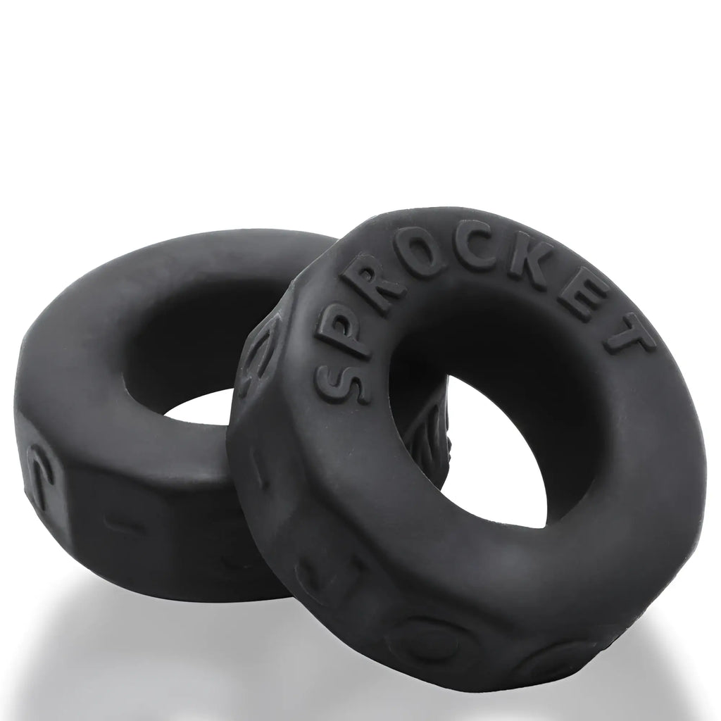 Black OxBalls Sprocket comfort no-roll cock ring made of silicone with textured segmented exterior and embossed branding