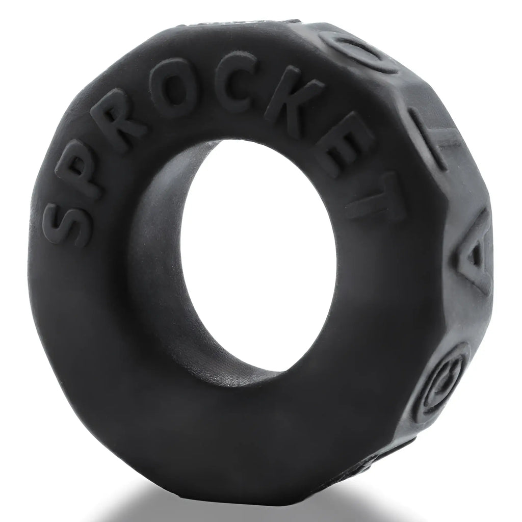 Black OxBalls Sprocket comfort no-roll cock ring with textured faceted design for secure fit and comfort