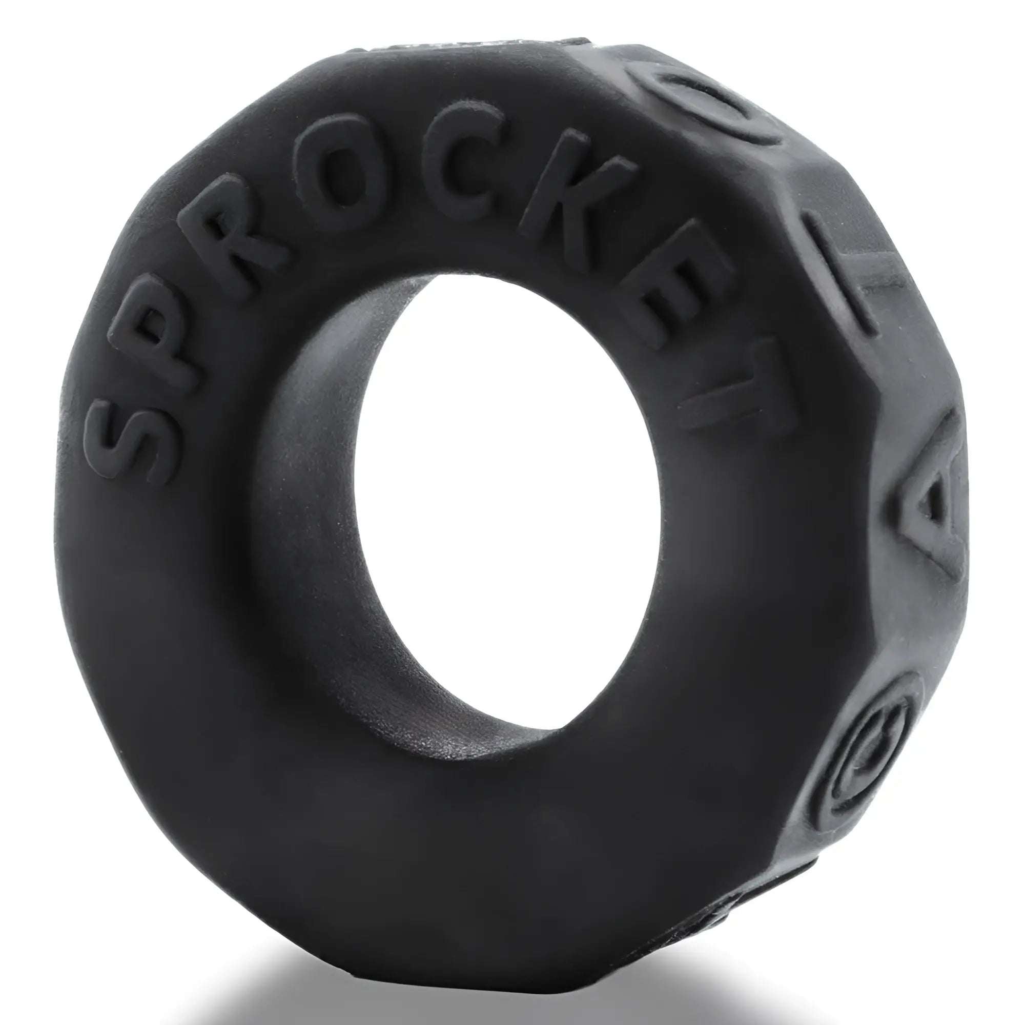 Black OxBalls Sprocket comfort no-roll cock ring with textured faceted design for secure fit and comfort
