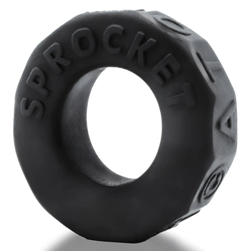 Black OxBalls Sprocket comfort no-roll cock ring with textured faceted design for secure fit and comfort