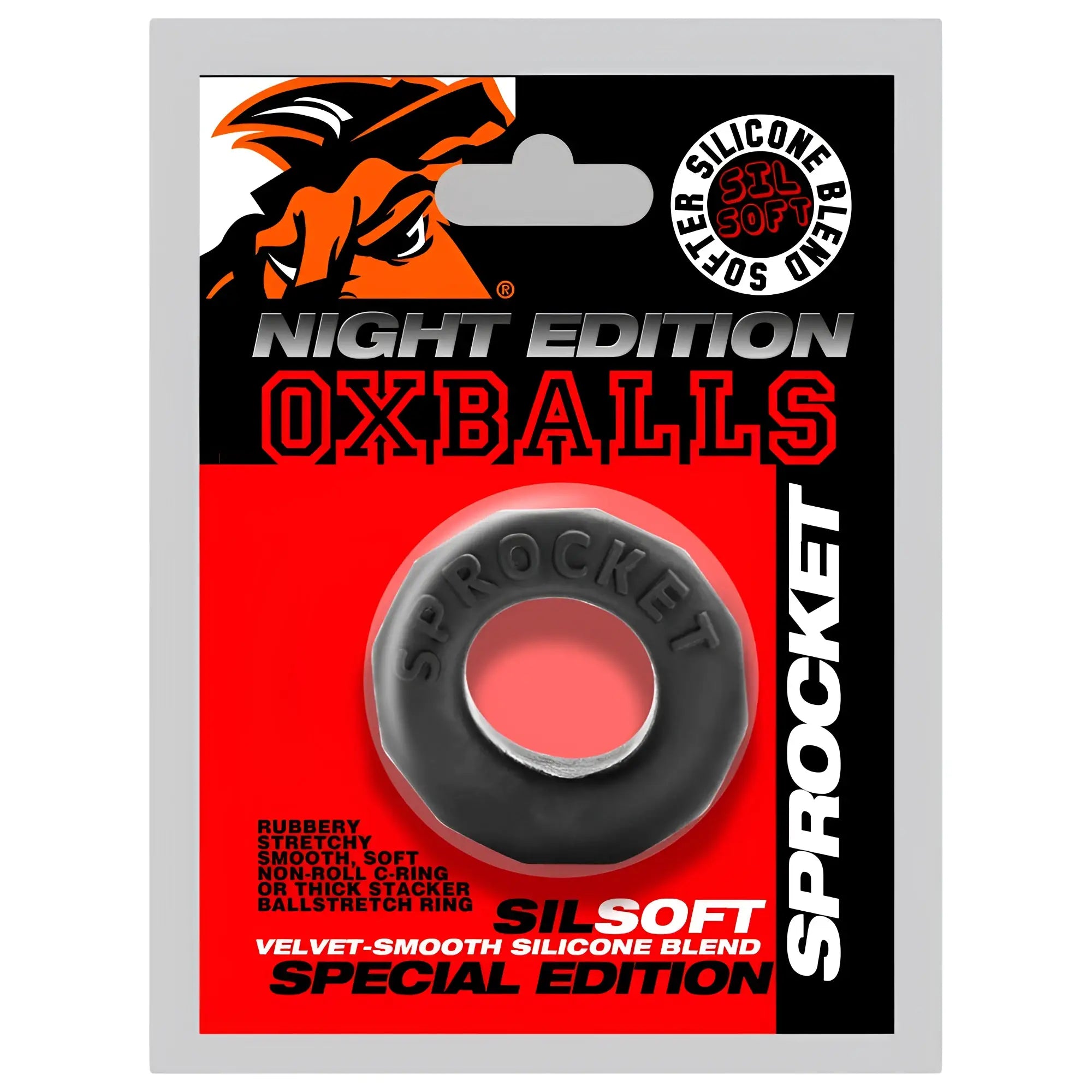 Black silicone blend oxballs sprocket comfort no-roll cock ring embossed and packaged as night edition in red and black blister pack