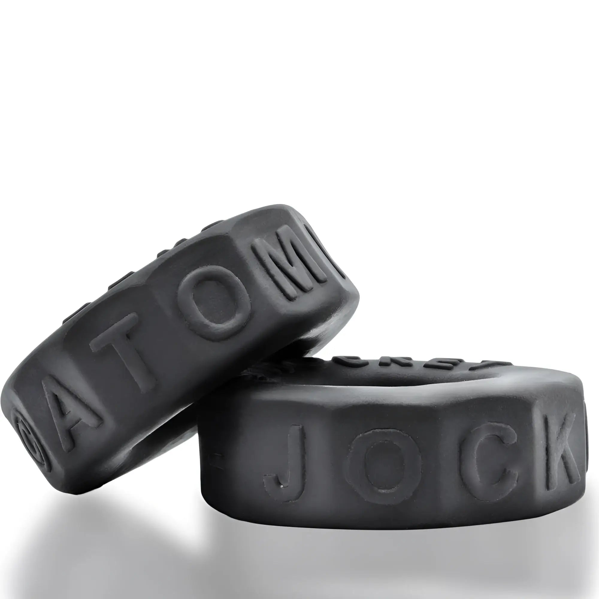 Black silicone oxballs sprocket comfort no-roll cock ring with embossed lettering for night use