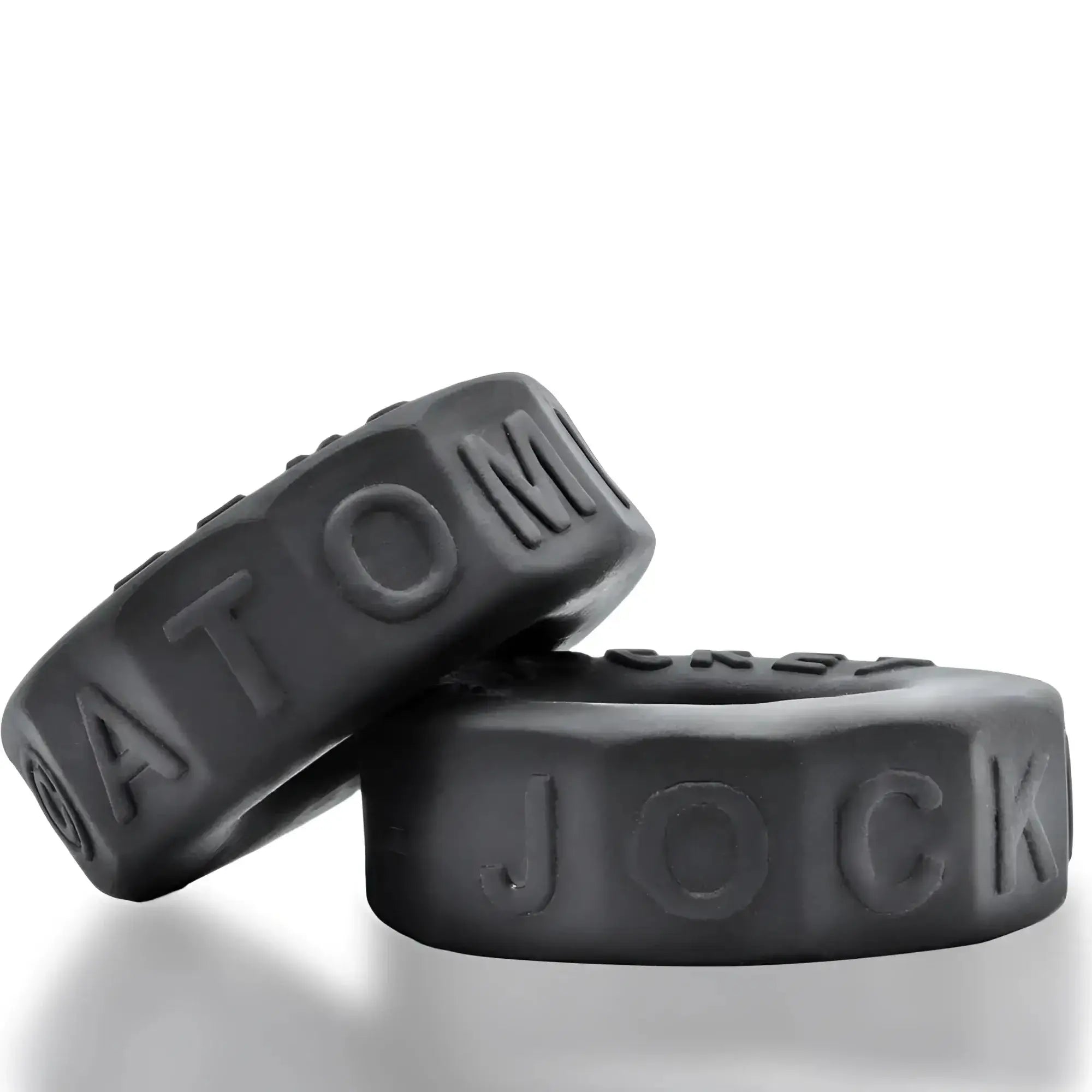 Black silicone oxballs sprocket comfort no-roll cock ring with embossed lettering for night use