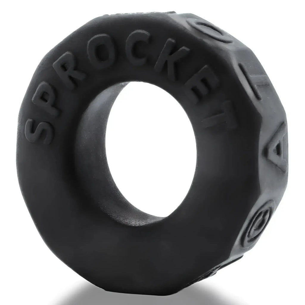 Black OxBalls Sprocket comfort no-roll cock ring with textured faceted design for secure fit and comfort
