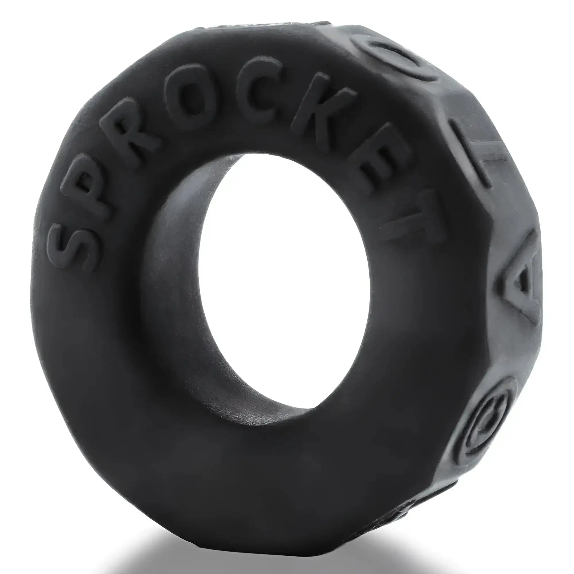 Black OxBalls Sprocket comfort no-roll cock ring with textured faceted design for secure fit and comfort