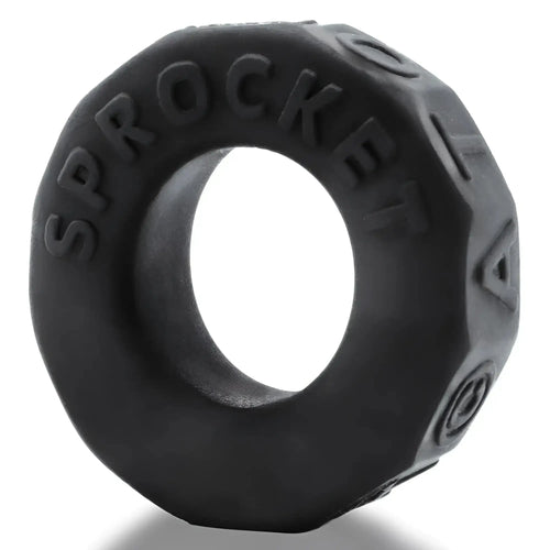 Black OxBalls Sprocket comfort no-roll cock ring with textured faceted design for secure fit and comfort