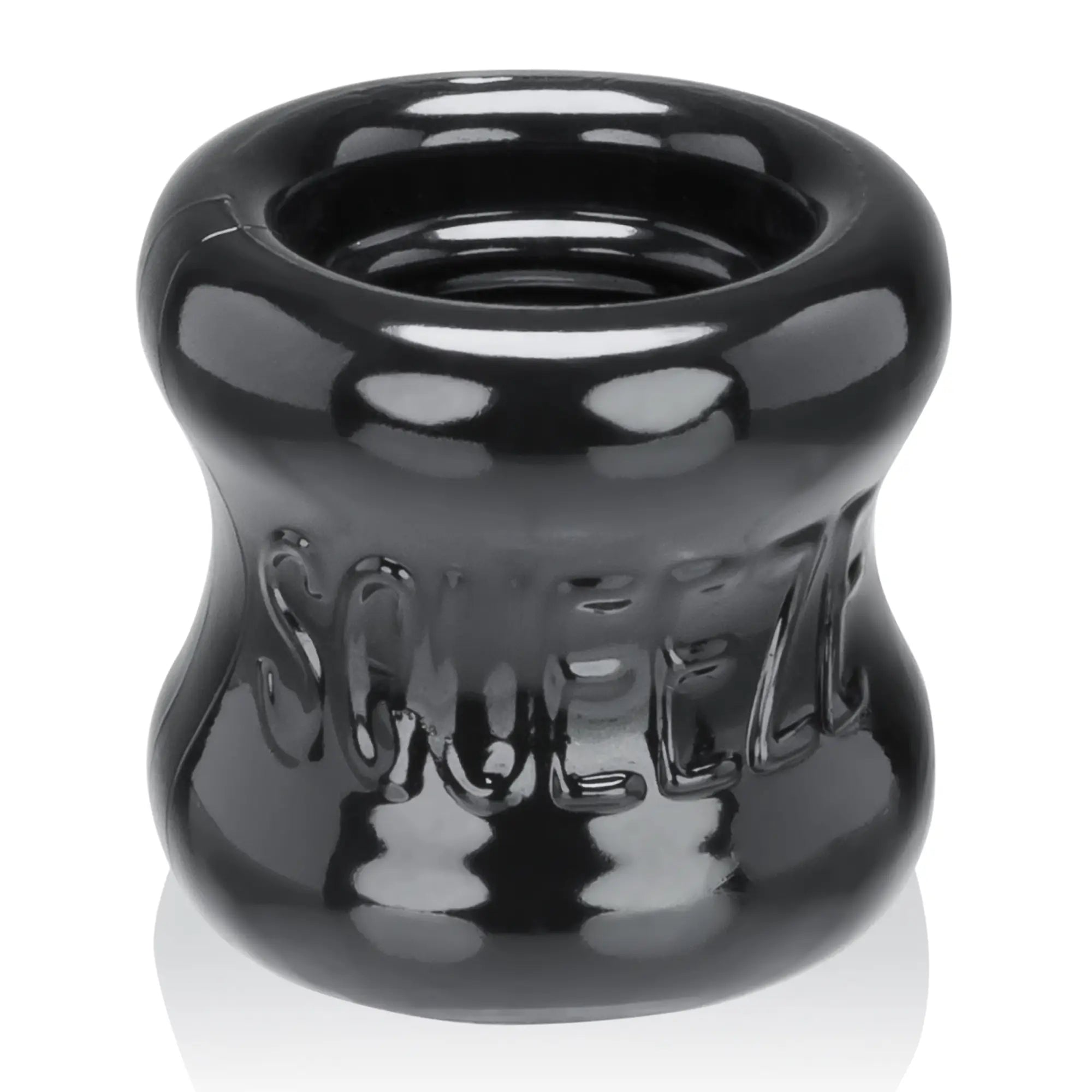 Black glossy silicone OxBalls squeeze ball stretcher with embossed squeeze lettering for comfortable use