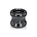 Black glossy silicone squeeze ring with embossed oxballs branding for ball stretcher use