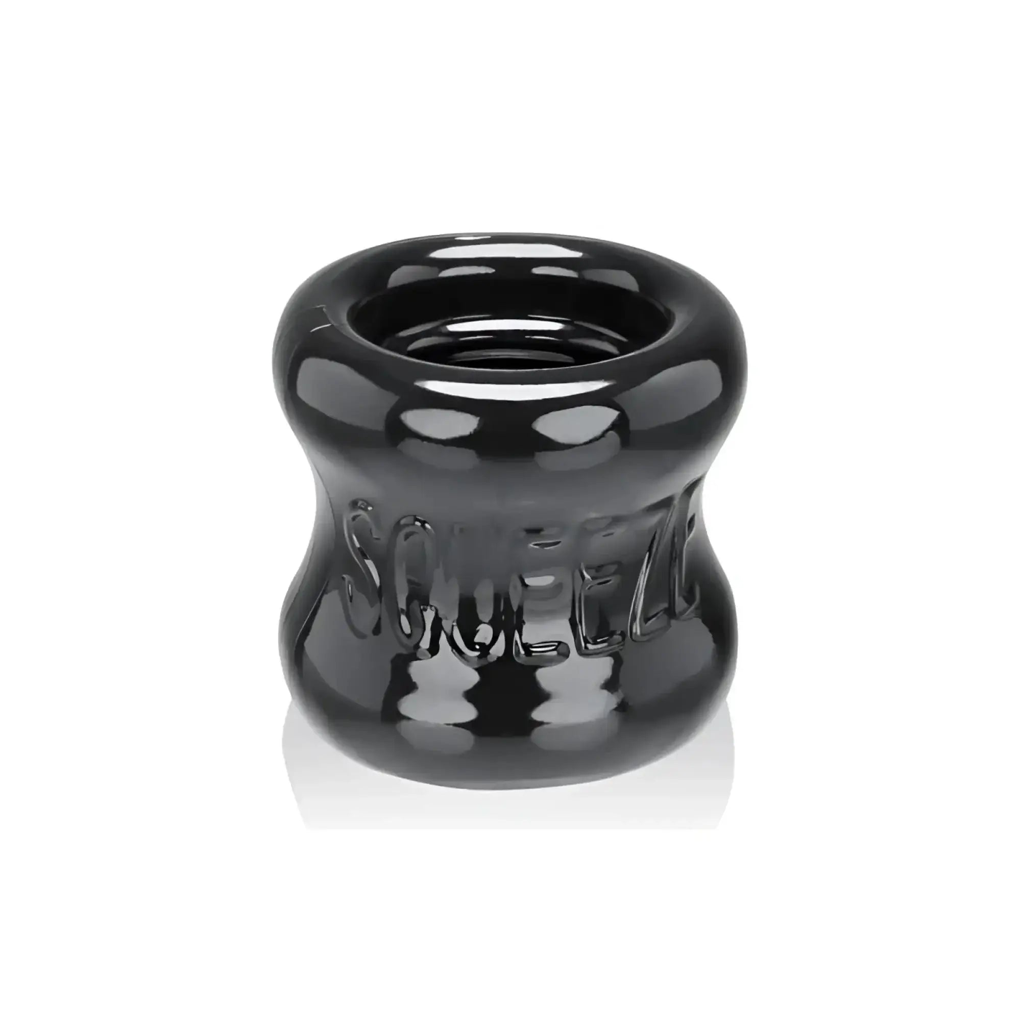 Black glossy silicone squeeze ring with embossed oxballs branding for ball stretcher use
