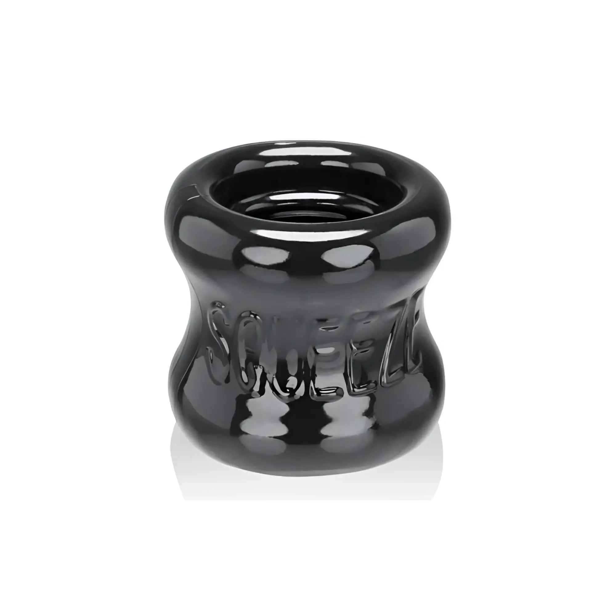 Black glossy silicone squeeze ring with embossed oxballs branding for ball stretcher use