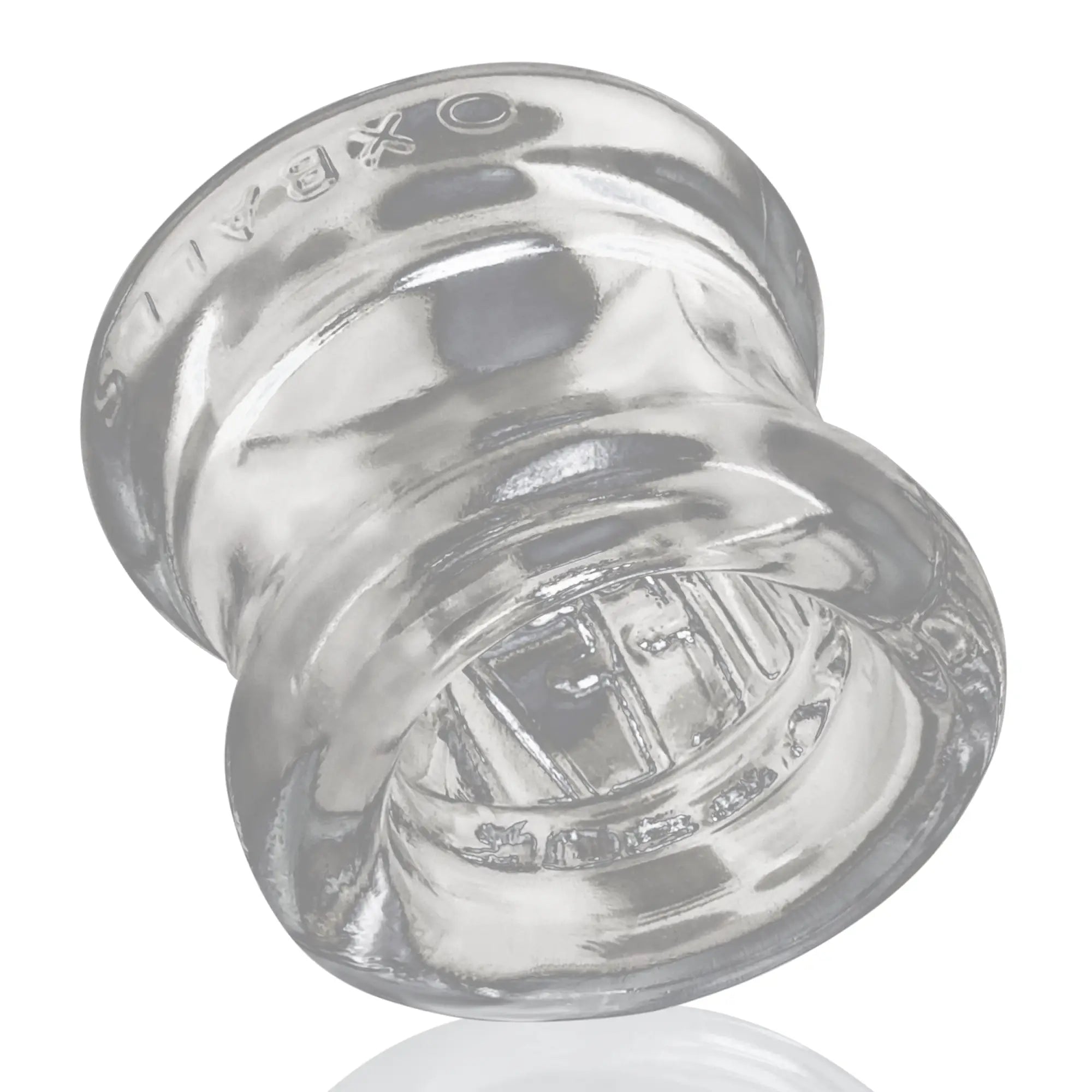 Clear oxballs squeeze ball stretcher glass plug with smooth rounded design and embossed branding on top