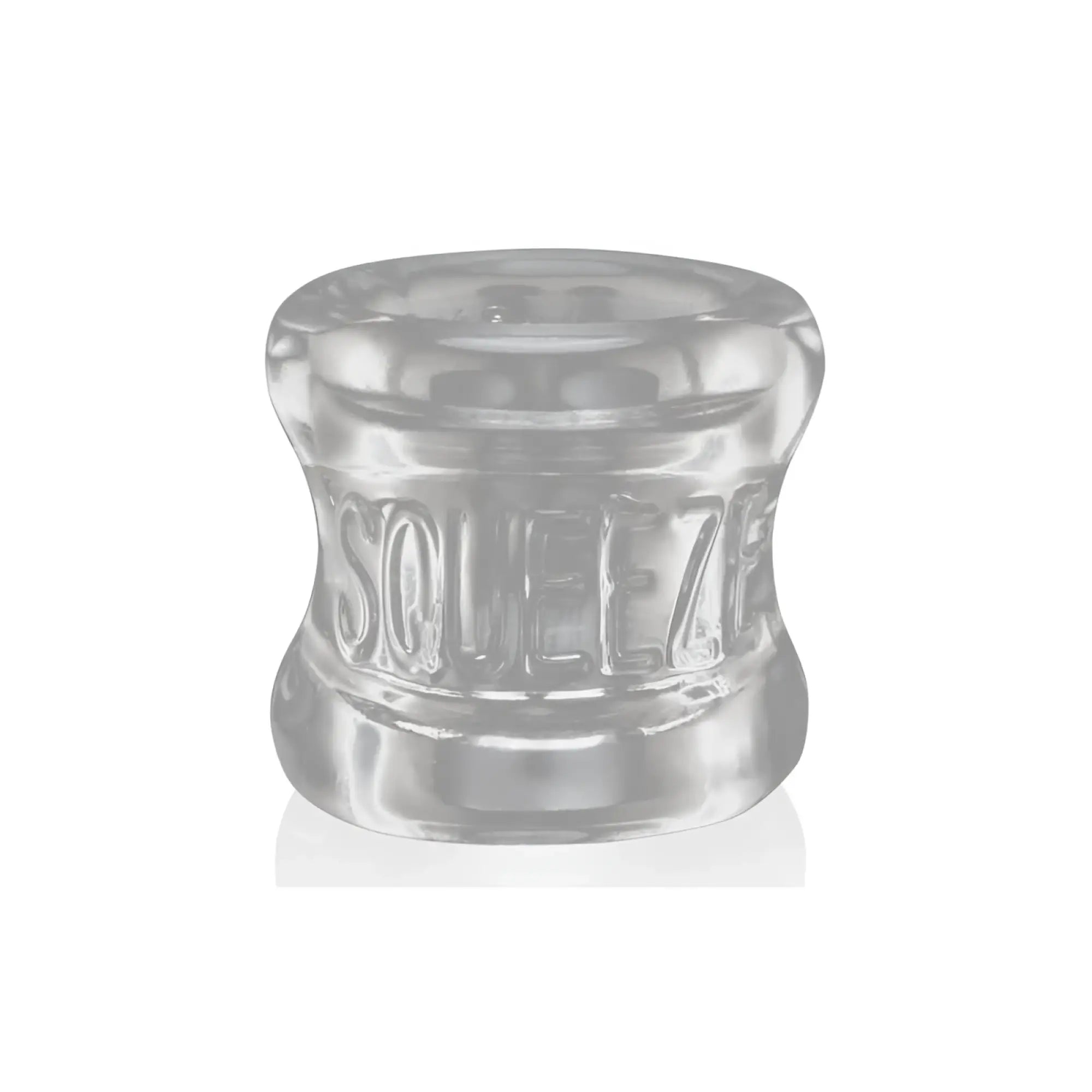 Clear silicone OxBalls squeeze ball stretcher ring with embossed squeeze text for comfortable wear