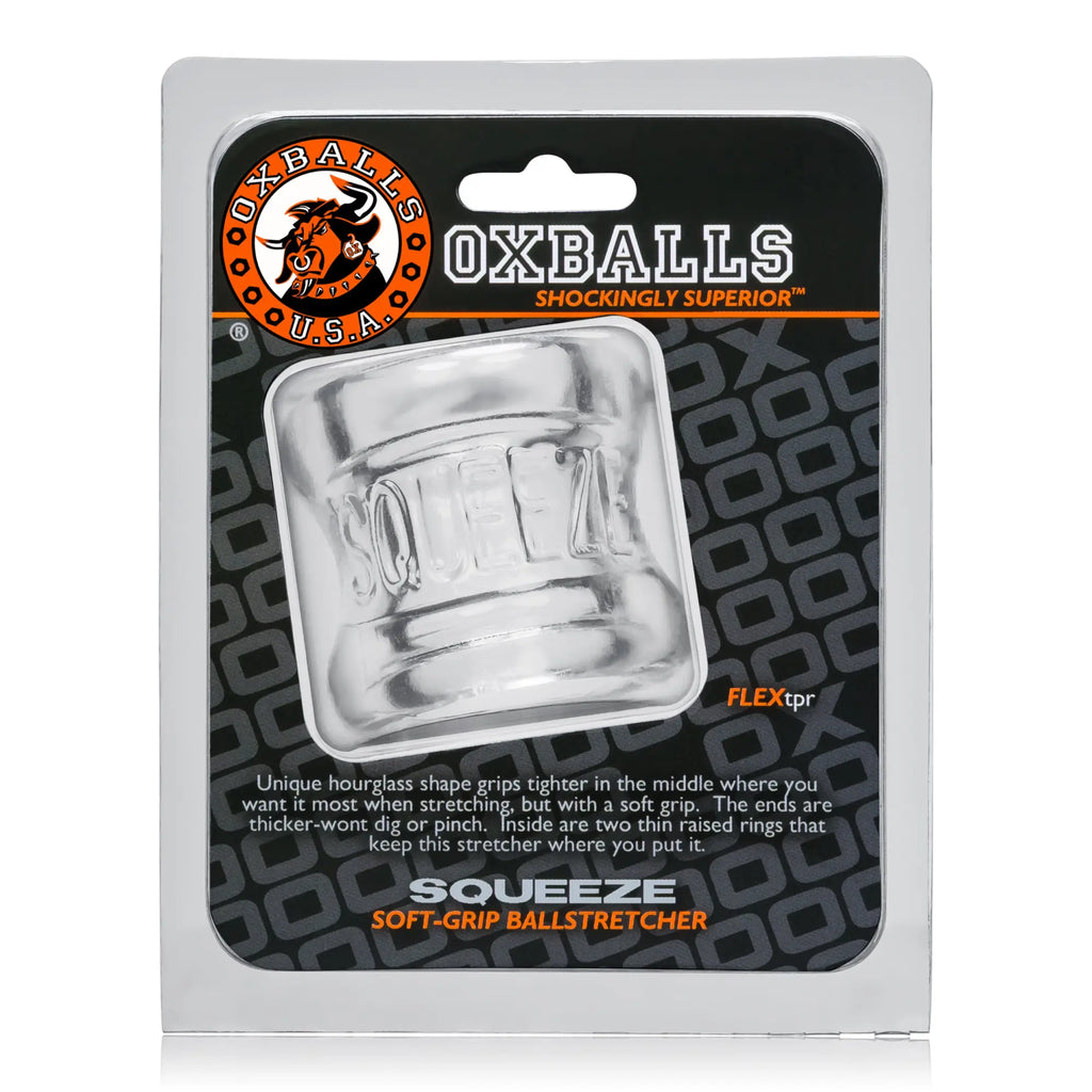 Clear transparent silicone squeeze ball stretcher with hourglass shape and soft-grip design by OxBalls