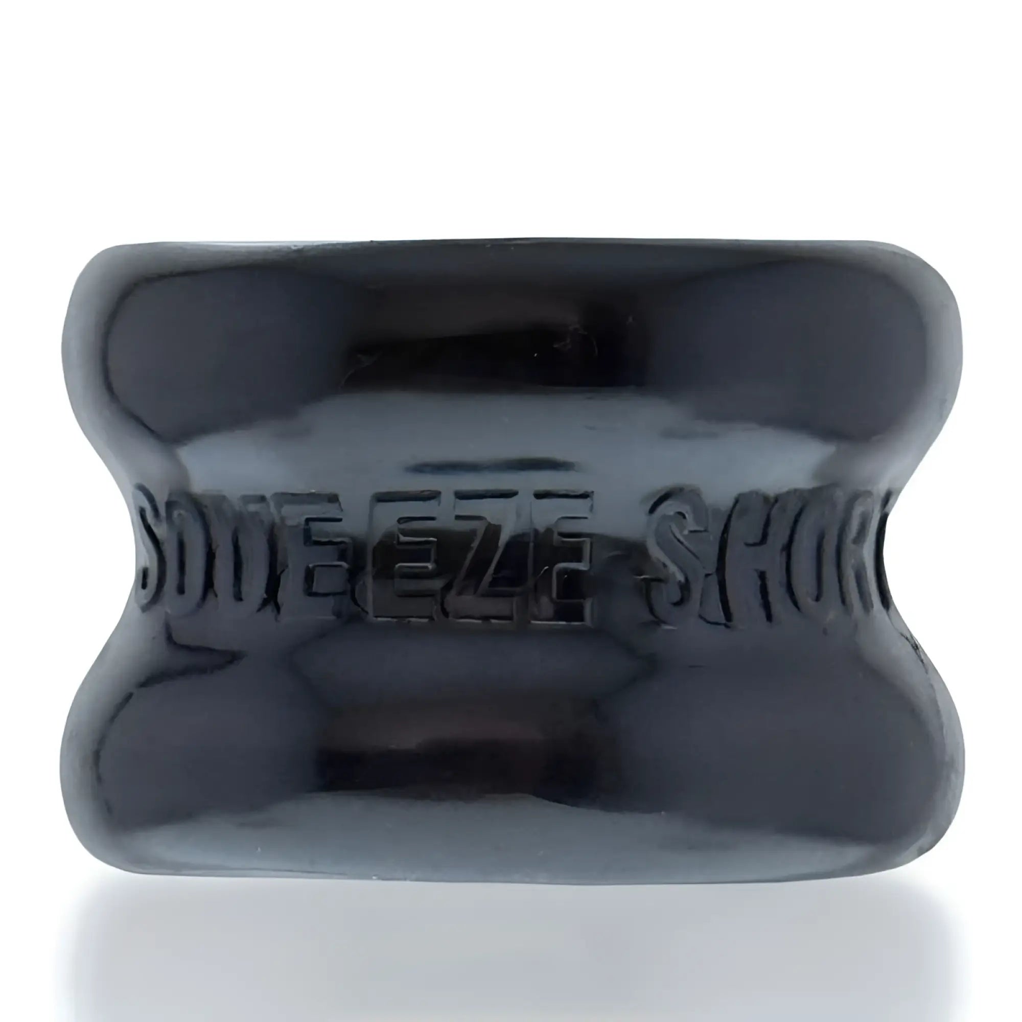 Black glossy silicone bone-shaped ballstretcher by oxballs with embossed squeeze shot text one size