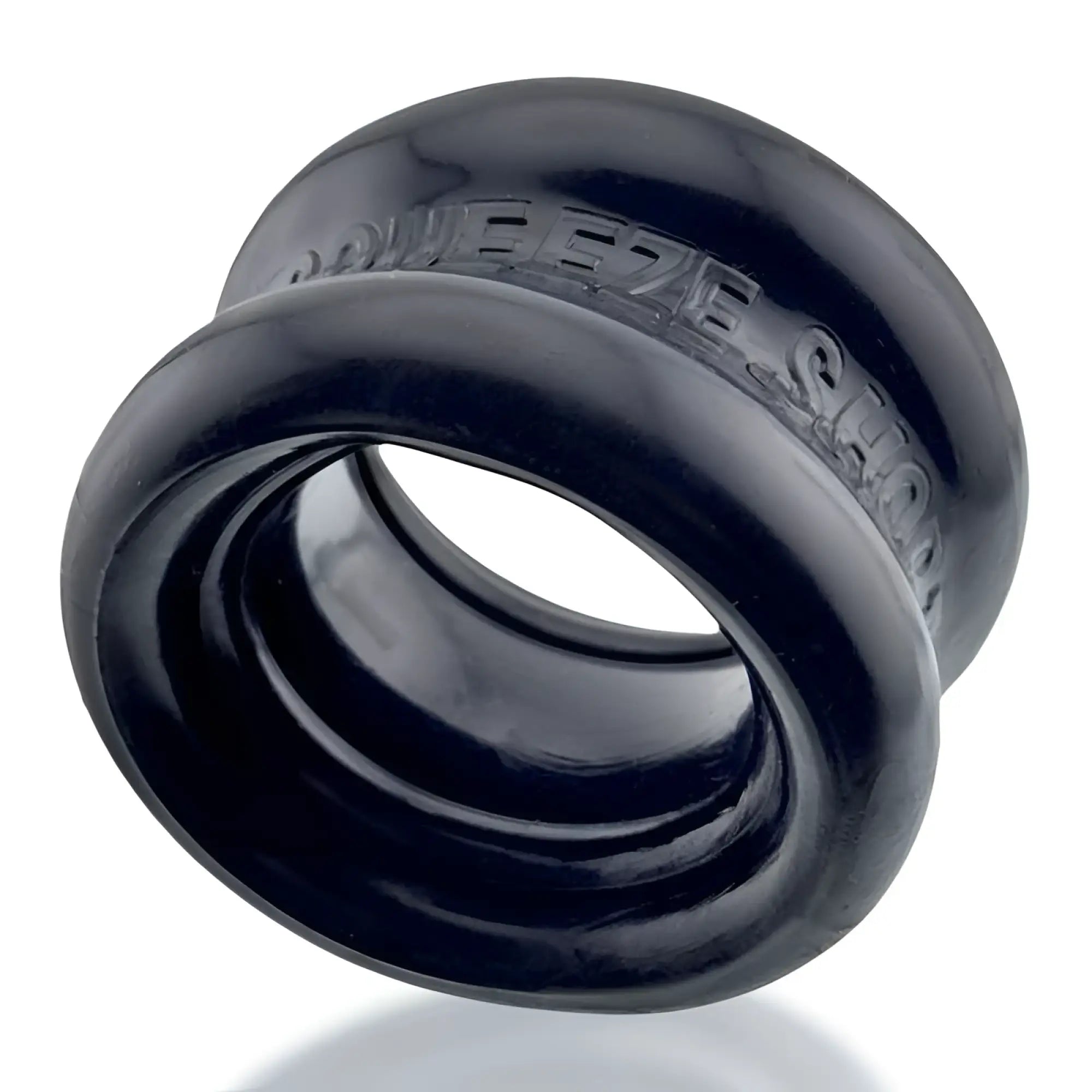 Black silicone squeeze ring with embossed oxballs branding in one size for short ballstretcher use