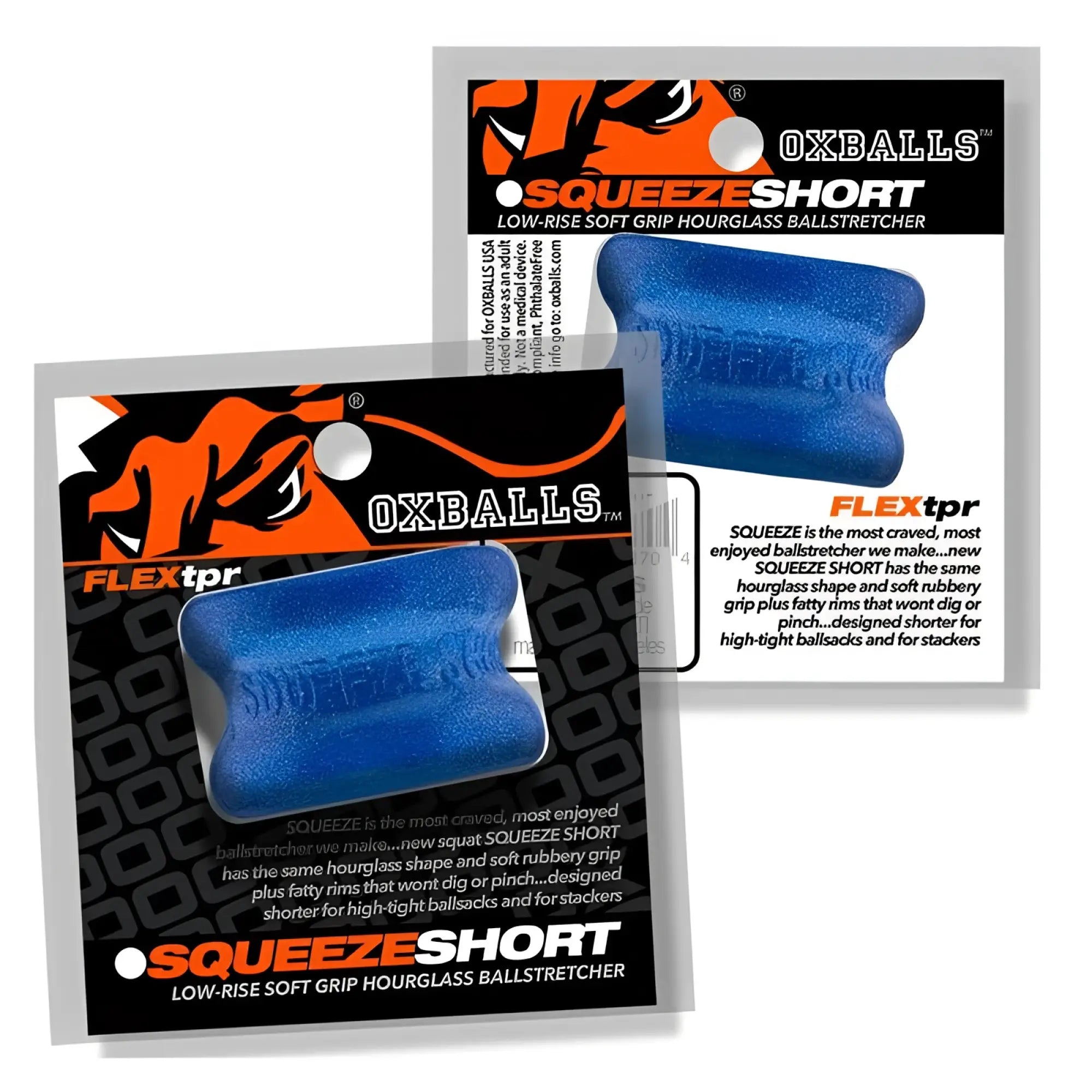Oxballs squeeze short hourglass ballstretcher in blue fire silicone packaging one size fit for men