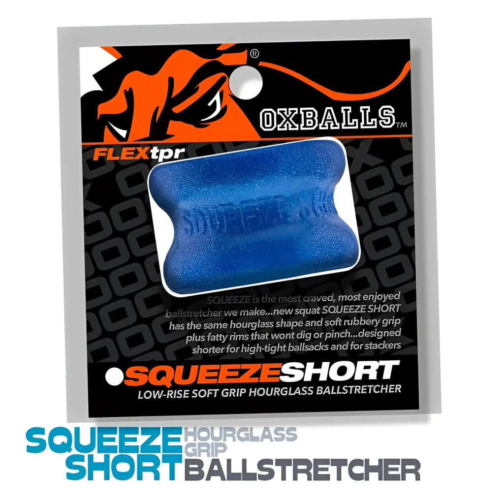 Blue soft rubber hourglass-shaped oxballs squeeze short ballstretcher with textured surface and embossed brand name