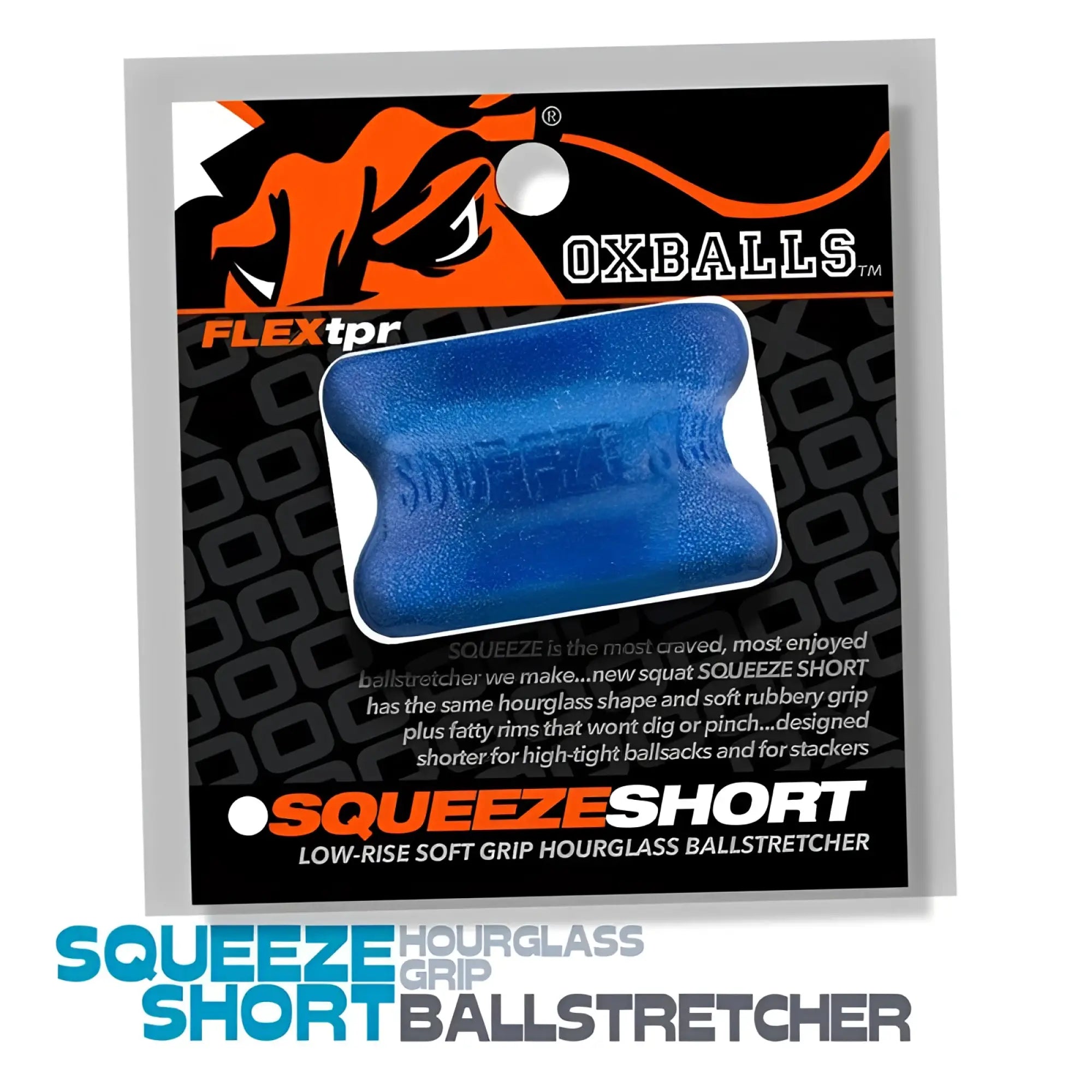 Blue soft rubber hourglass-shaped oxballs squeeze short ballstretcher with textured surface and embossed brand name