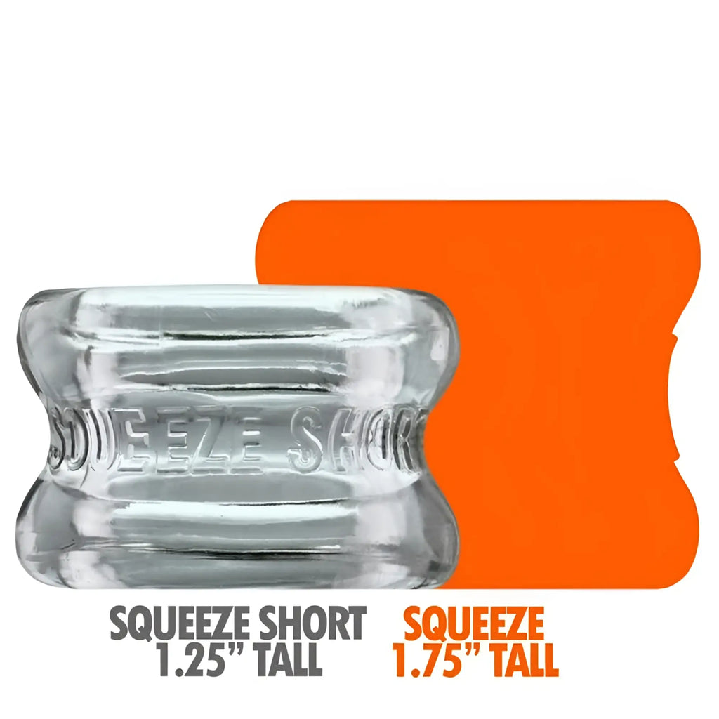 Clear glass squeeze short ballstretcher by oxballs with embossed branding available in two heights one size