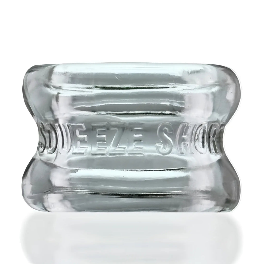 Clear glass squeeze short ballstretcher with embossed oxballs branding in clear one size design