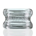 Clear glass squeeze short ballstretcher with embossed oxballs branding in clear one size design