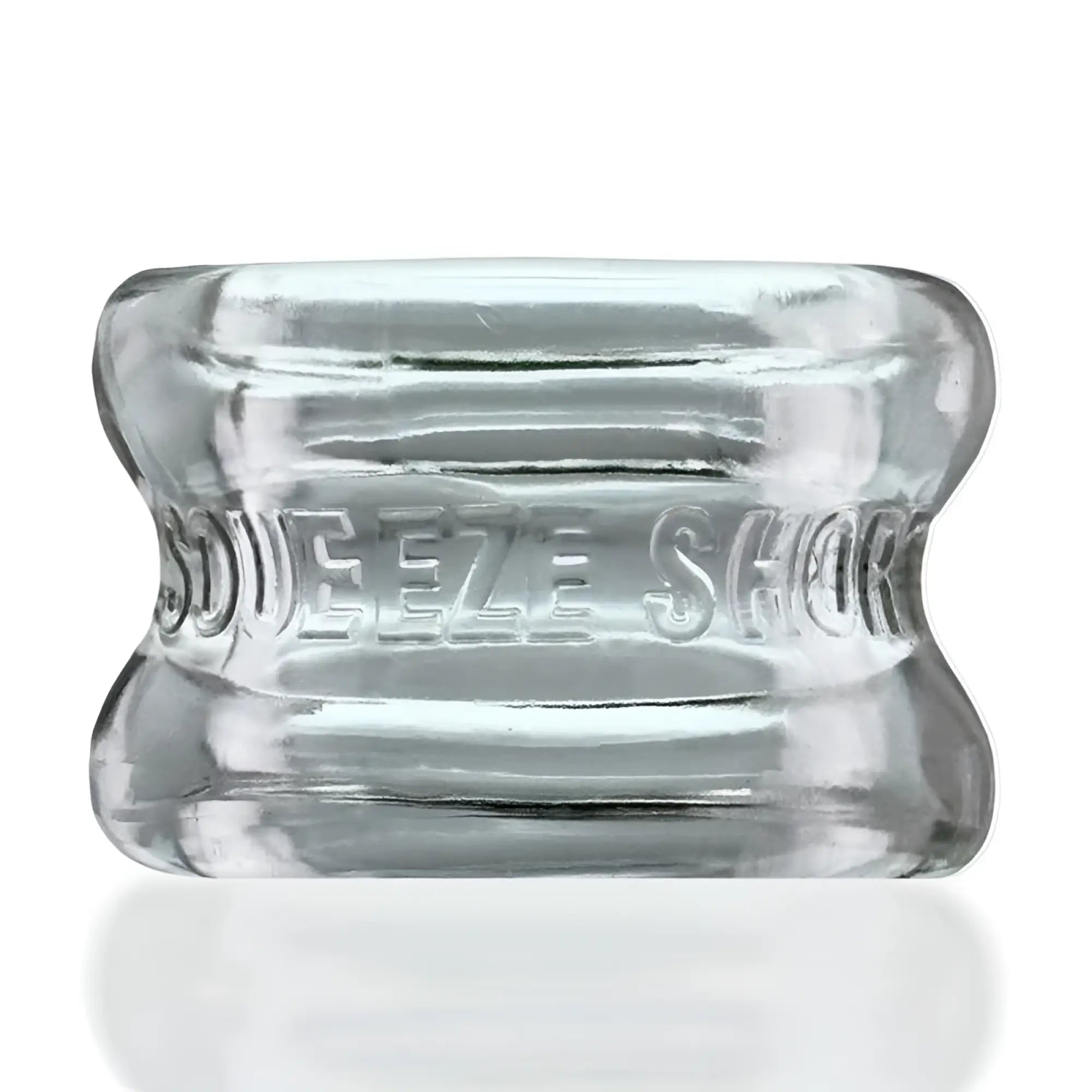 Clear glass squeeze short ballstretcher with embossed oxballs branding in clear one size design