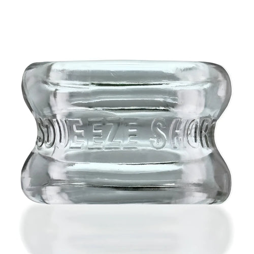 Clear glass squeeze short ballstretcher with embossed oxballs branding in clear one size design