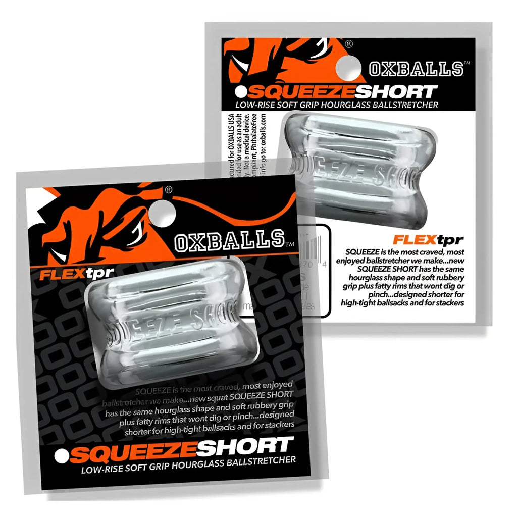 Clear transparent hourglass-shaped OxBalls squeeze short ballstretcher with embossed text and soft rubbery grip in one size