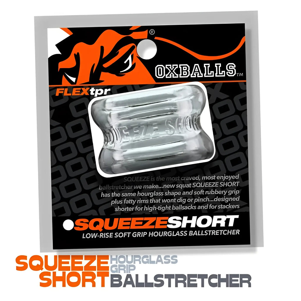 Clear transparent silicone hourglass shaped ballstretcher with soft rubber grip and fatty rims by oxballs squeeze short