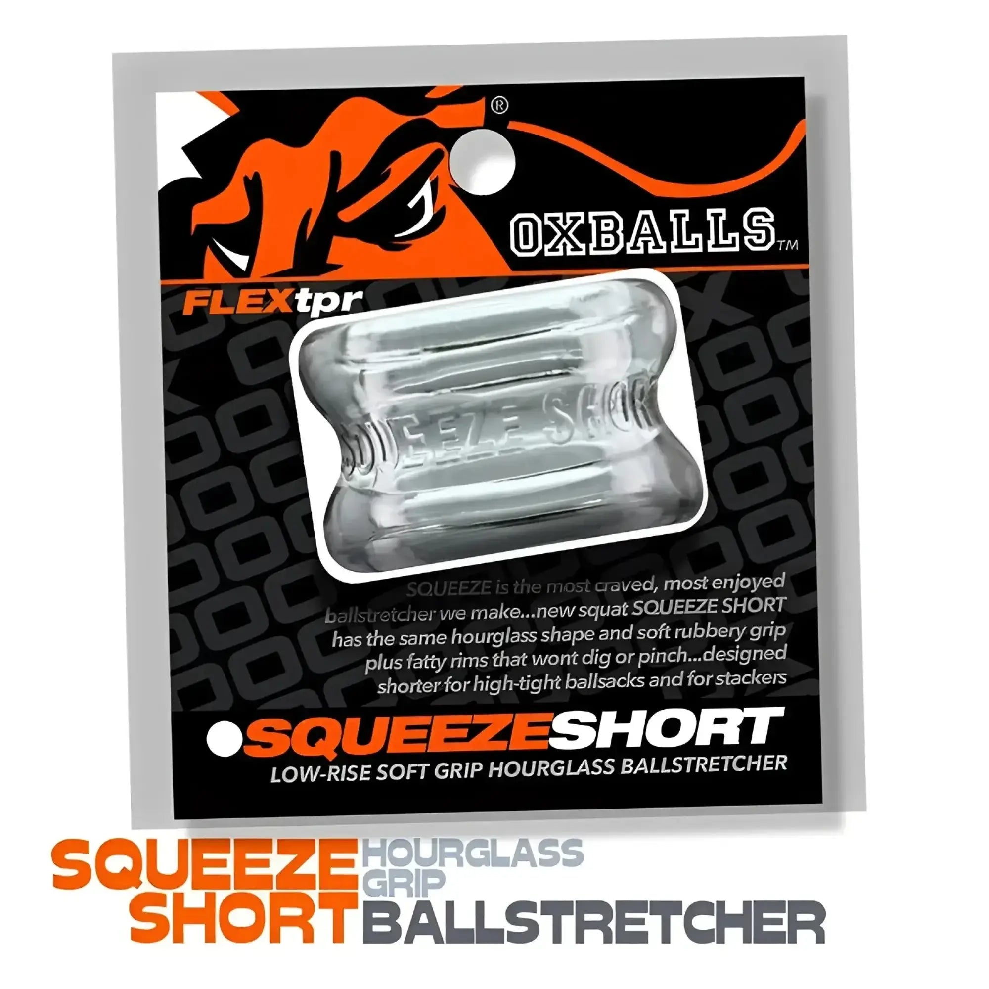 Clear transparent silicone hourglass shaped ballstretcher with soft rubber grip and fatty rims by oxballs squeeze short