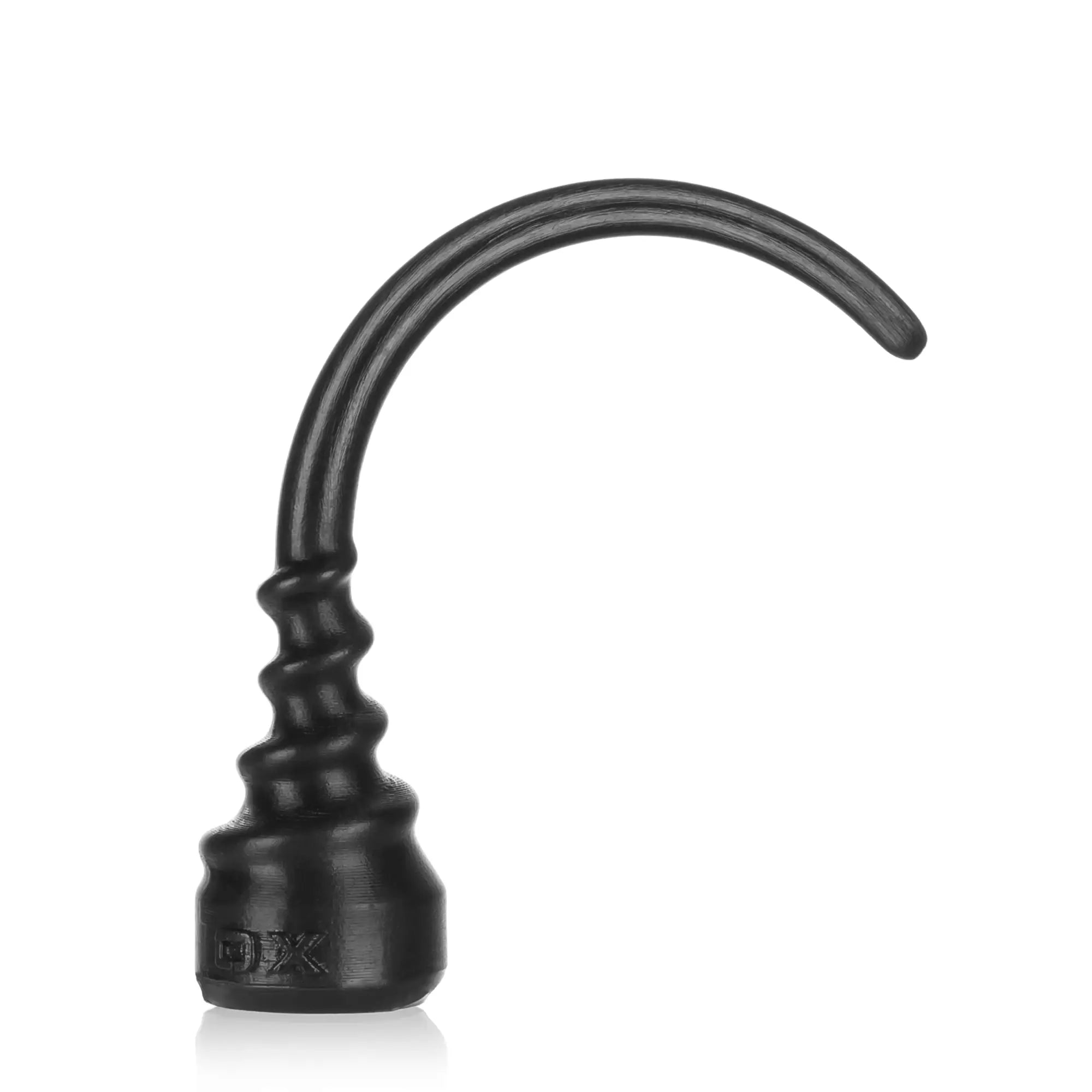 Black curved metal hook with spiral textured base and oxballs branding engraved on tool sound black product