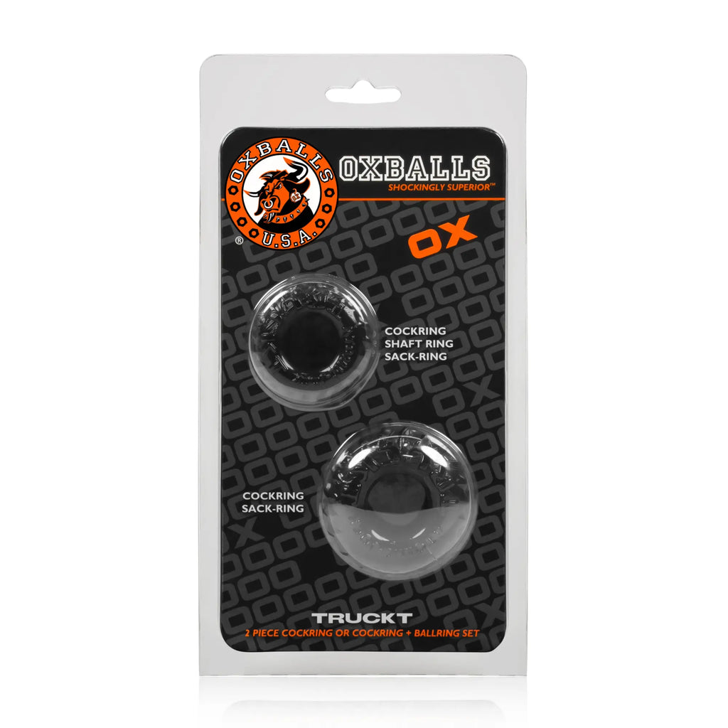 Clear plastic-coated black oxballs truckt 2 pc cockring and sack-ring set in branded packaging