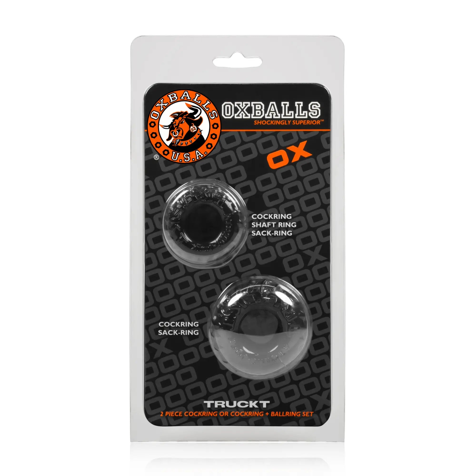 Clear plastic-coated black oxballs truckt 2 pc cockring and sack-ring set in branded packaging