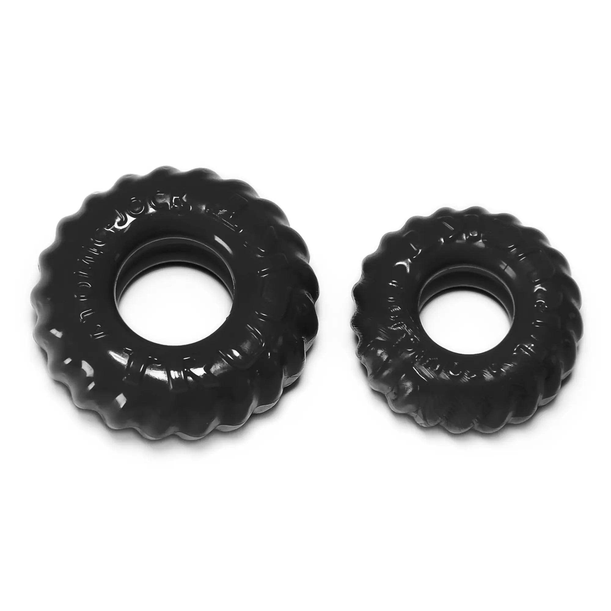Oxballs truckt 2 pc cockring set black glossy rubber rings with textured scalloped edges for enhanced grip