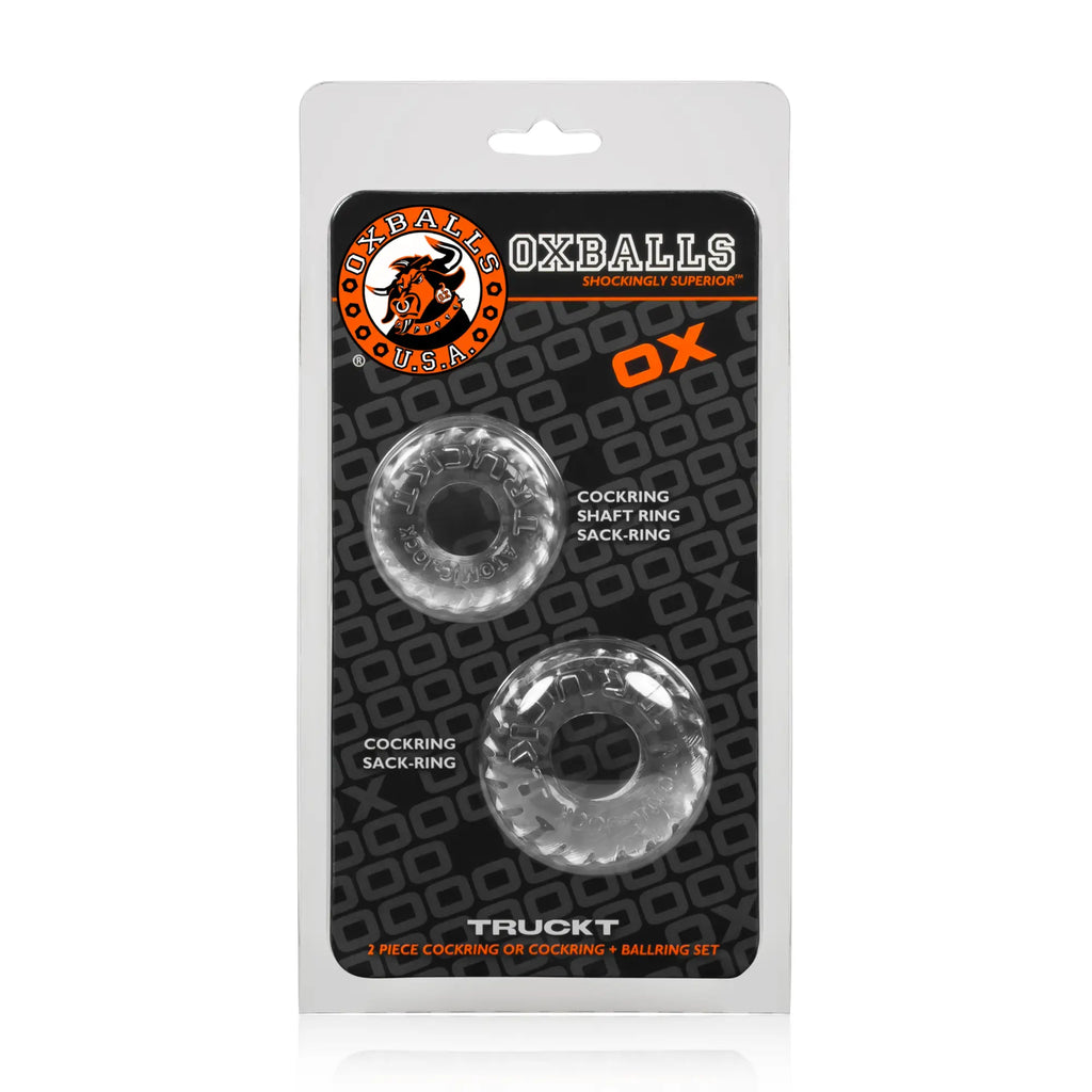 Oxballs truckt 2 pc cockring set clear featuring transparent silicone cockring and sack ring in branded package