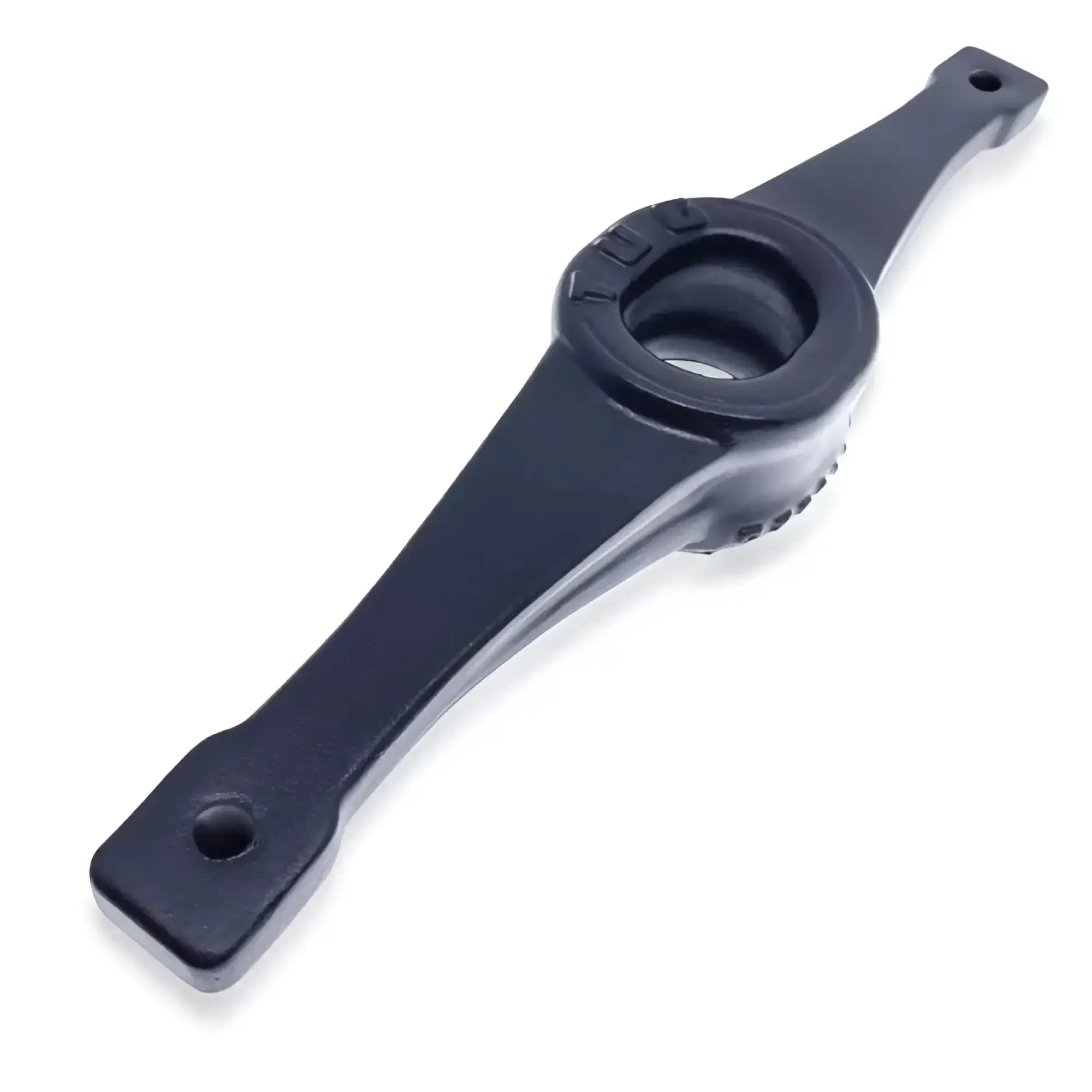 Black plastic engine crankshaft balancing rod with central hub and mounting holes