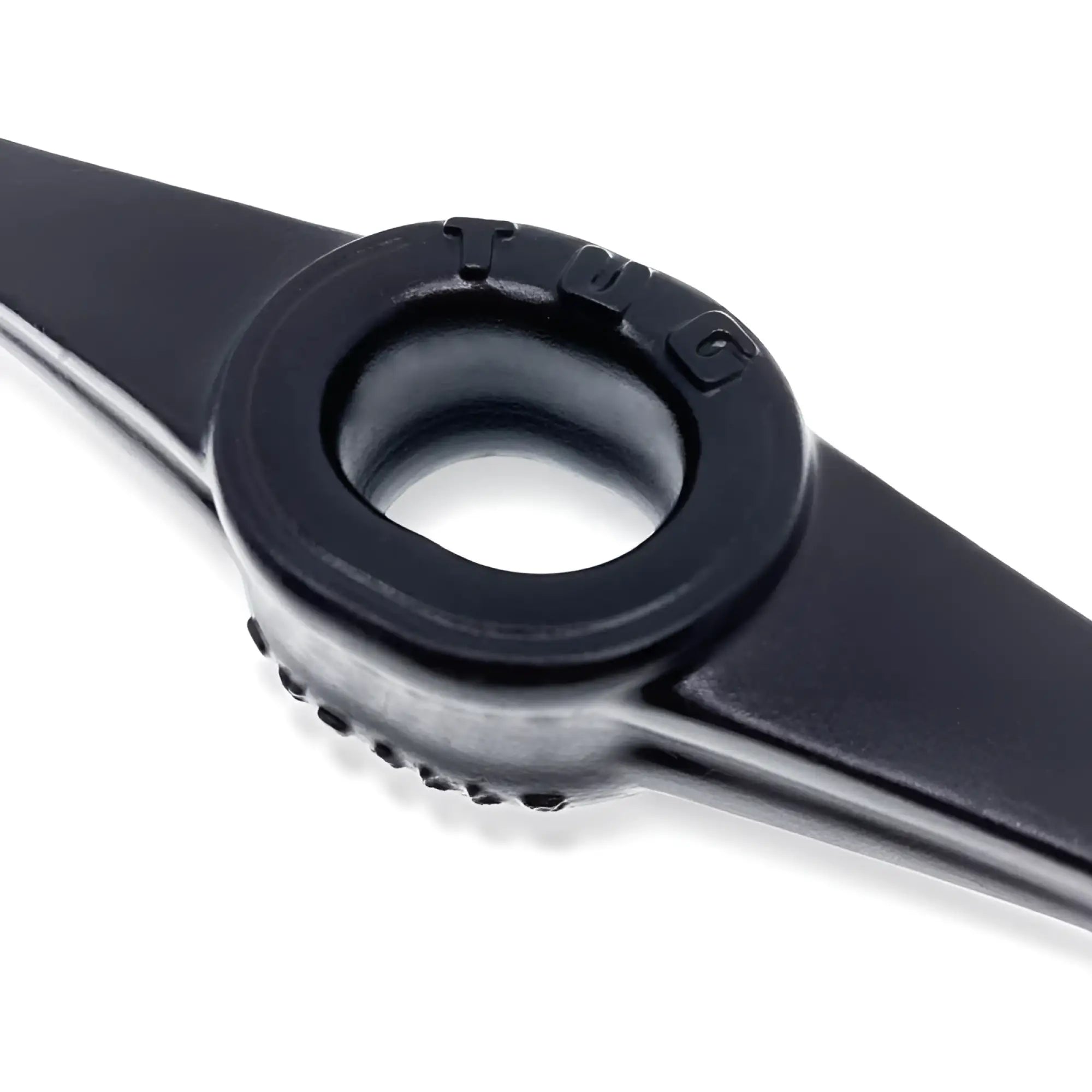 Oxballs tug pull down ballstretcher black showing black plastic tig welding torch tip with circular hole and textured grip