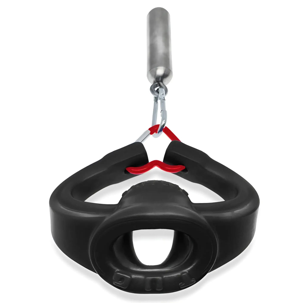 Black rubber grip with red accent and metallic attachment on oxballs tug pull down ballstretcher black