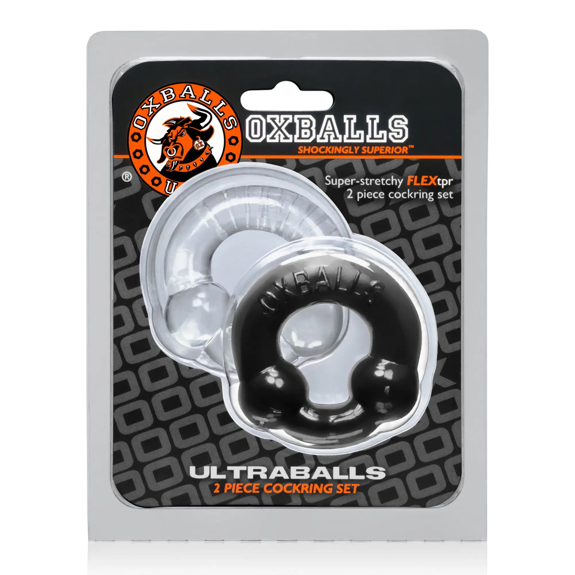 Oxballs ultraballs 2 pk cockring set in black and clear silicone displayed in oxballs packaging