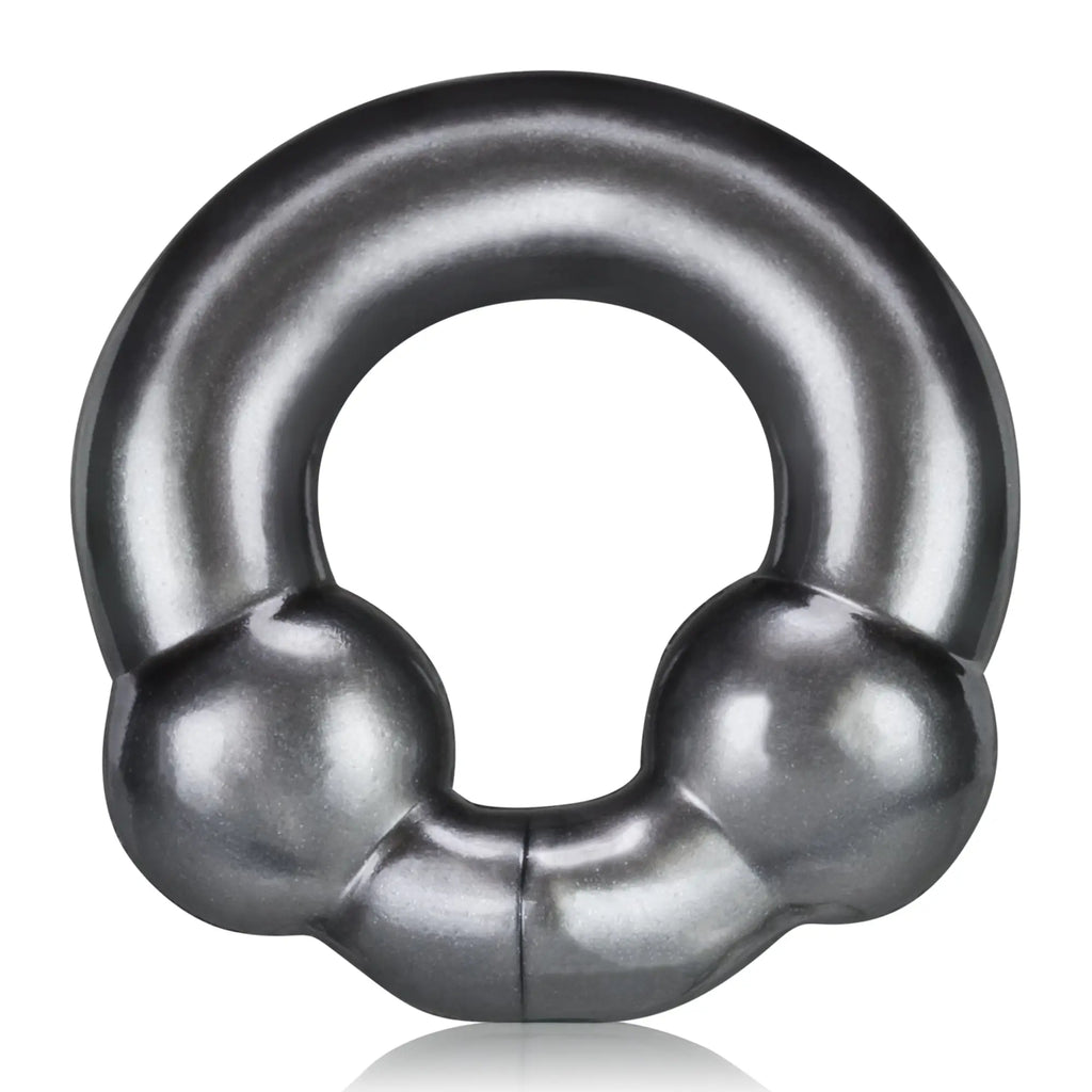 Silver metallic cockring with two spherical beads on either side of the circular band from oxballs ultraballs 2 pk