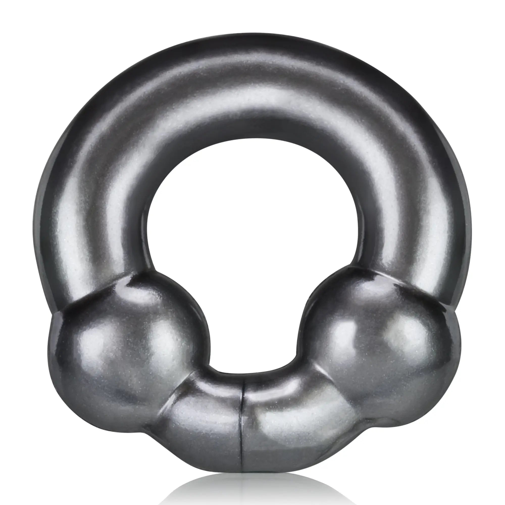 Silver metallic cockring with two spherical beads on either side of the circular band from oxballs ultraballs 2 pk